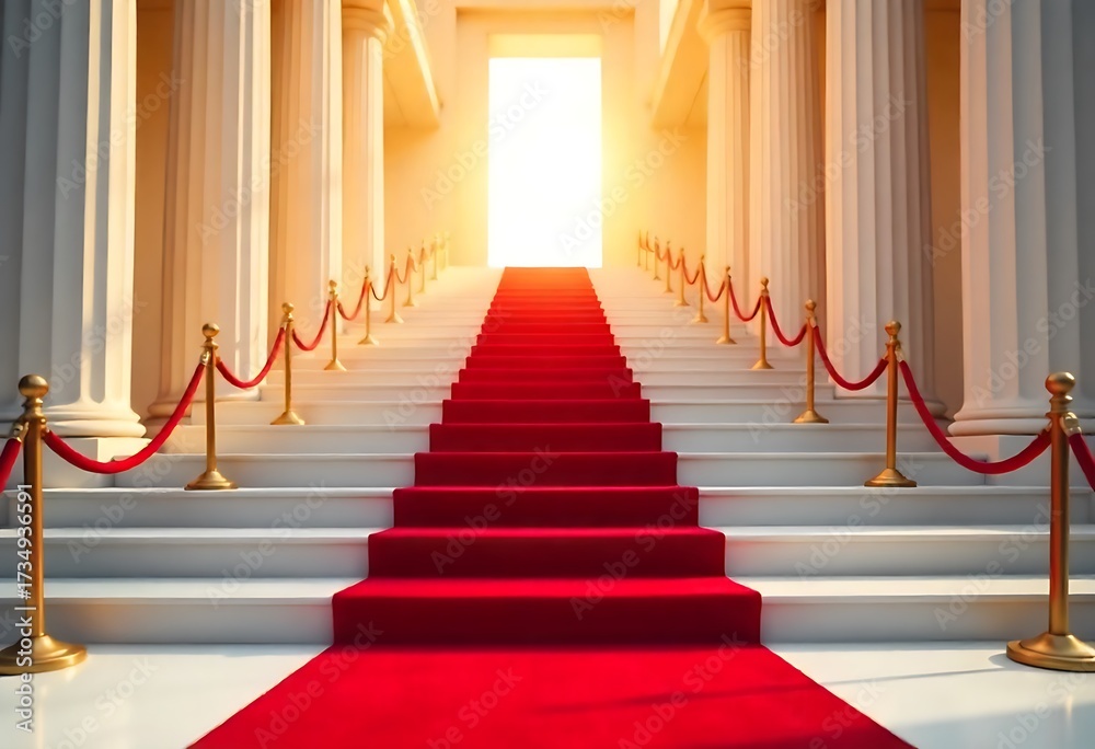 Fototapeta premium Luxurious red carpet stairs with golden ropes create a glamorous entrance for celebrities and VIPs. Perfect for award ceremonies, gala events, premieres, theatre, and festive celebrations.