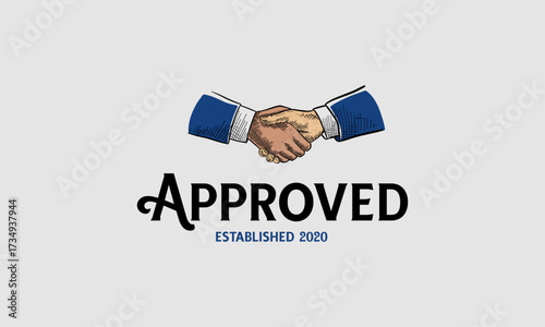 Approved Hand shake vintage logo, Hand drawn sketch of handshaking - Vector Illustration
