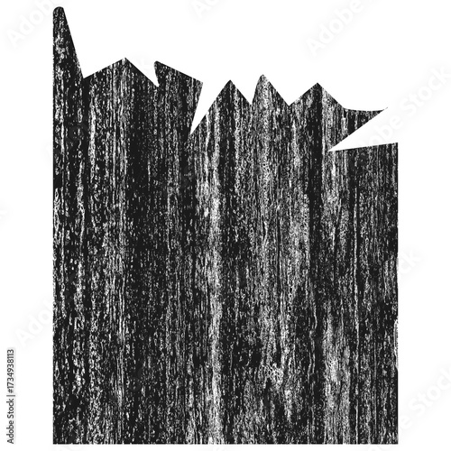 A black and white abstract illustration of a jagged, textured fence or wall with a rough, vertical grain.