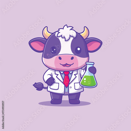 Cute cow scientist holding lab tube cartoon vector icon illustration. animal science icon isolated