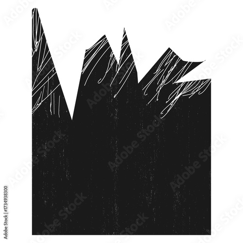 Abstract black shape with jagged, spiky top edge and white scribbled lines, resembling a distressed graphic skyline or mountain range.