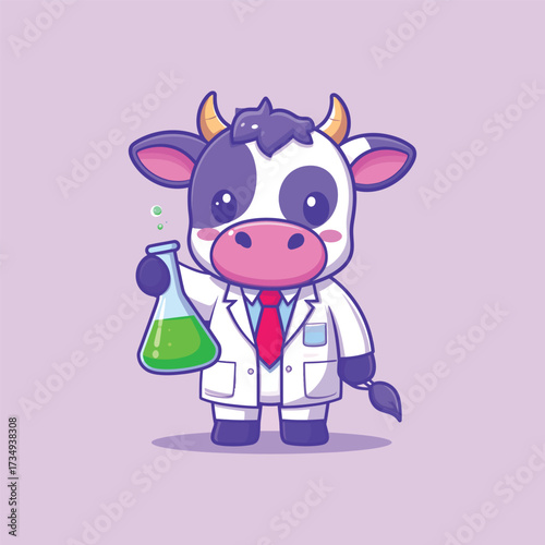Cute cow scientist holding lab tube cartoon vector icon illustration. animal science icon isolated