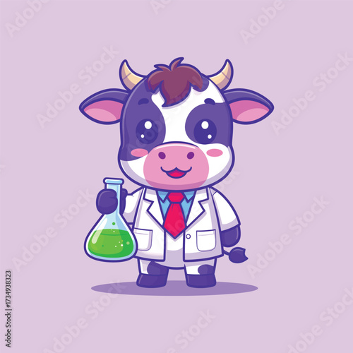 Cute cow scientist holding lab tube cartoon vector icon illustration. animal science icon isolated