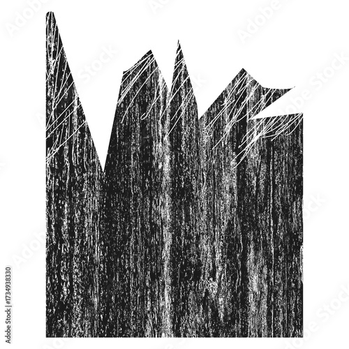 Monochrome artwork depicting a stylized forest with textured, vertical lines and jagged mountain silhouettes.