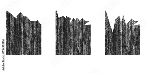 Three abstract, textured, black and white illustrations of jagged, vertical shapes.