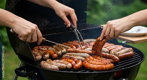Fototapeta Naklejka Na Ścianę i Meble -  Grilling sausages on a barbecue with hands holding tongs and a spatula