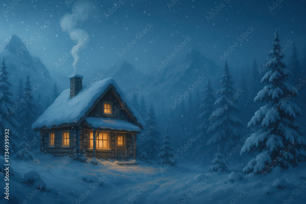 Fototapeta premium Cozy cabin in snowy mountain landscape at night