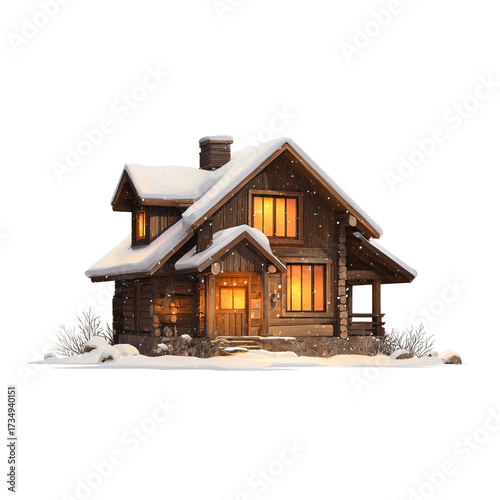 Cozy Wooden Cabin with Snowy Roof and Warm Window Glow on Transparent Background
