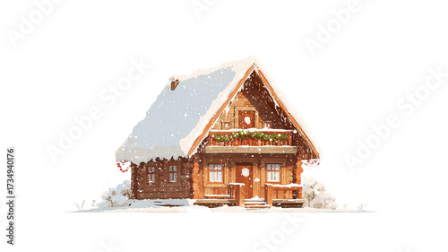 Cozy Wooden Cabin with Snowy Roof and Warm Window Glow on Transparent Background