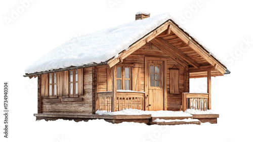 Cozy Wooden Cabin with Snowy Roof and Warm Window Glow on Transparent Background