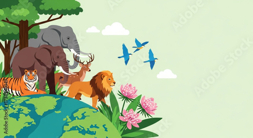 Animals and Nature Illustration with Diverse Species on Earth