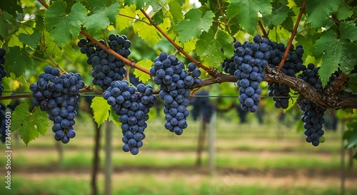 Ripe grapes hanging on vine in vineyard sunlight harvesting season