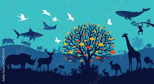World Wildlife Day Diverse Wildlife Around a Tree in a Vibrant Landscape Illustration