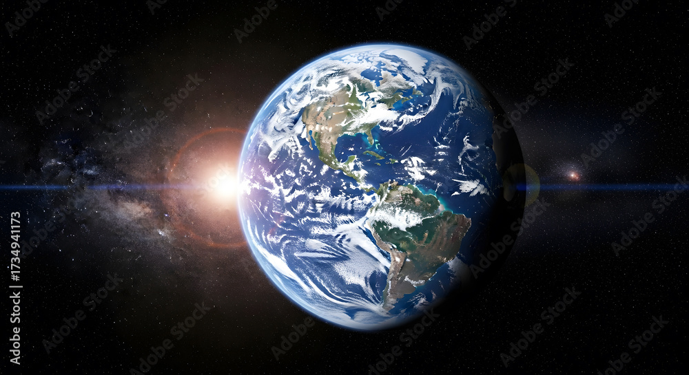 Naklejka premium Earth in the Cosmos: A captivating view of planet Earth set against the vast cosmic backdrop, revealing the beauty of our home world in space, showcasing oceans, landmasses, and clouds. 