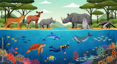 World Wildlife Day Diverse Ecosystems A vibrant illustration of land animals, marine life, colorful coral reefs, and a scuba diver exploring Earth's rich biodiversity