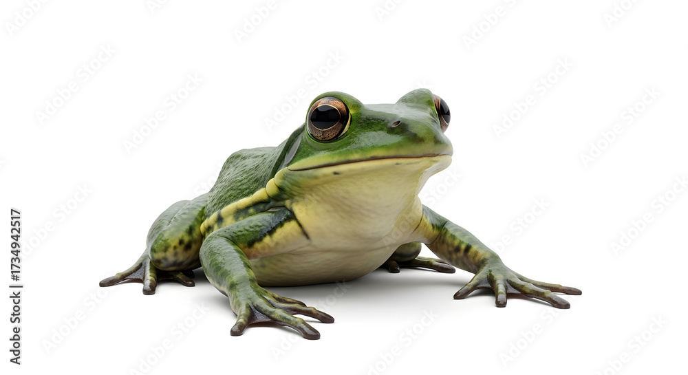 Obraz premium Frog's Gentle Stance: A captivating close-up showcases a vibrant green frog, its eyes intently focused. It stands out in natural posture against a bright background.