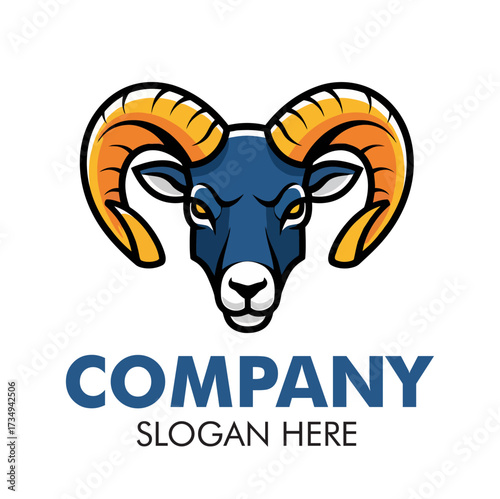 A stylized ram head mascot logo with large golden horns and a fierce expression, designed for a company brand identity.