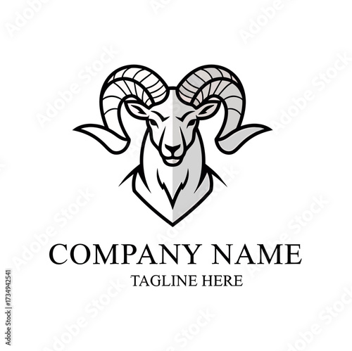 A stylized illustration of a ram's head with large, curved horns, set against a white background, with placeholder text for company name and tagline below.