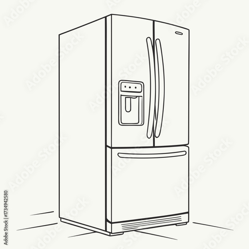 A clean line drawing illustration of a modern stainless steel french door refrigerator with an ice and water dispenser on the door
