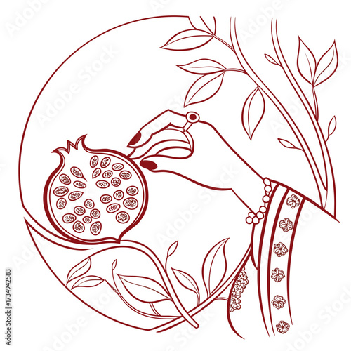 A delicate line art illustration in a circular frame featuring a hand holding a halved pomegranate with seeds visible surrounded by stylized leaves and branches with floral accents on the clothing
