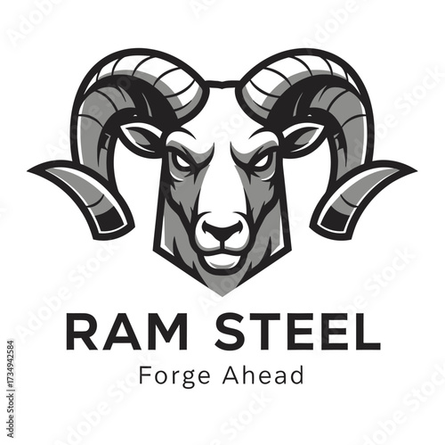 A powerful logo featuring a fierce ram's head in grayscale, with the text 'Ram Steel' and the tagline 'Forge Ahead'.