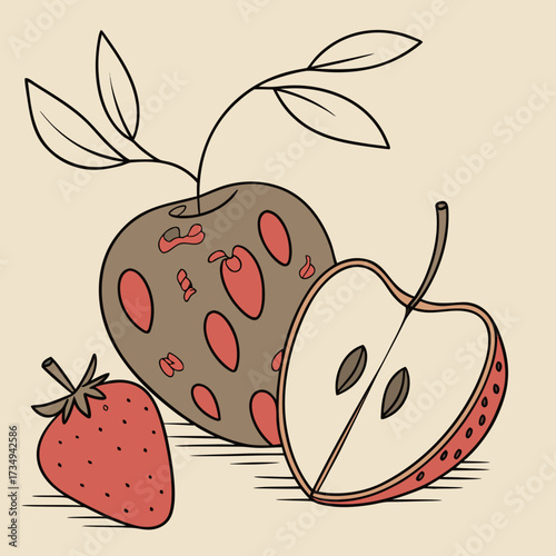 A delightful illustration featuring a whole strawberry a sliced apple revealing its seeds and core and a stylized spotted apple with leaves