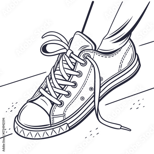 A detailed line art illustration of a classic canvas sneaker with laces tied in a bow worn with casual pants suggesting movement or activity on a simple background