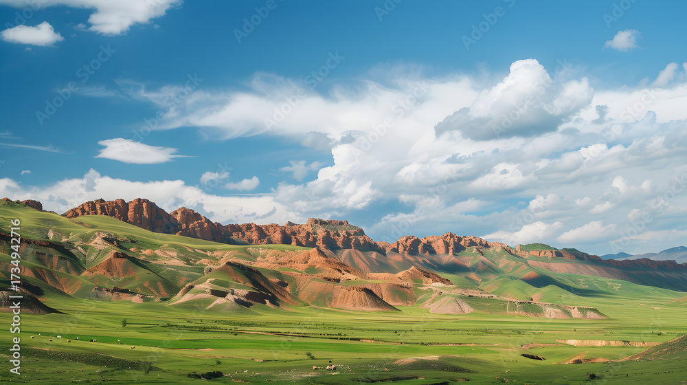 Naklejka premium Mountainous landscape with green fields and clouds