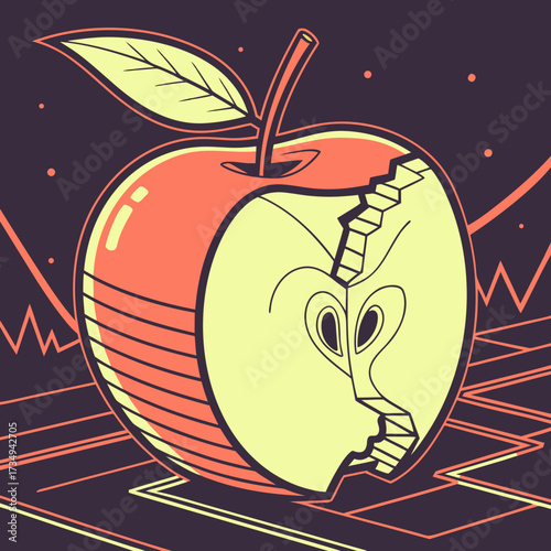 A stylized graphic illustration of a halved apple with a cracked interior revealing a face like structure and abstract geometric patterns in the background