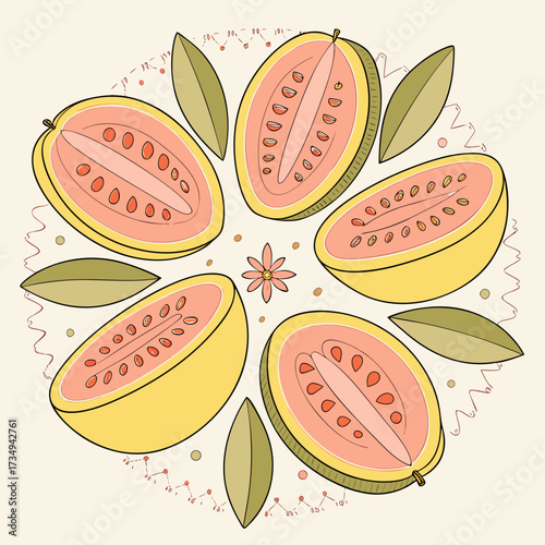 A vibrant hand drawn illustration featuring a radial arrangement of halved yellow guavas with pink flesh and seeds interspersed with green leaves and decorative elements on a cream background