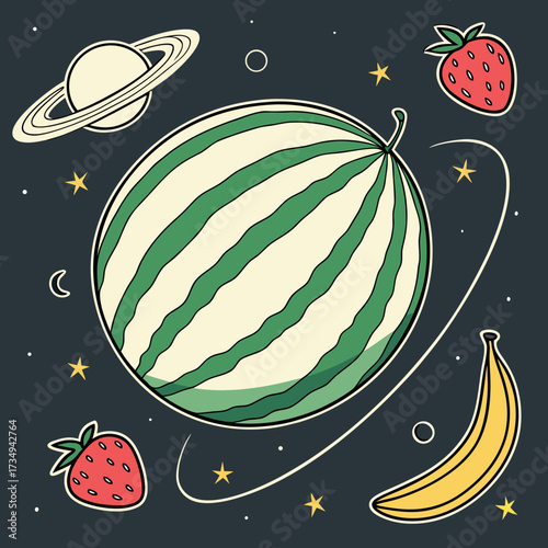 A vibrant and whimsical illustration of a giant watermelon planet surrounded by strawberries a banana a ringed planet stars and a crescent moon in a dark cosmic setting