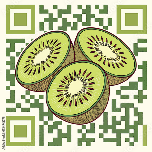 A vibrant illustration featuring three cross sections of ripe kiwi fruit arranged artistically against a backdrop of a stylized green pixelated qr code pattern on a cream background