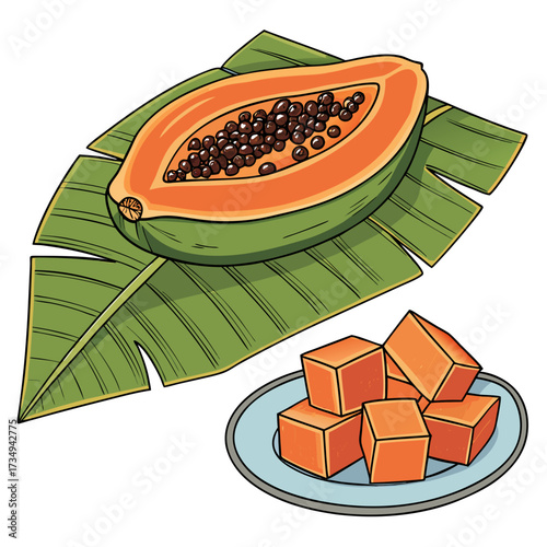 A vibrant illustration of a halved papaya with seeds and diced papaya pieces on a plate presented on large green banana leaves symbolizing tropical freshness and healthy eating