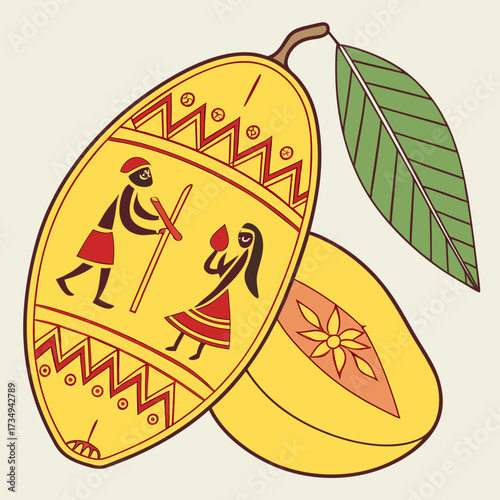 A vibrant illustration of a whole and a halved mango adorned with traditional indian folk art depicting figures and geometric patterns in warm yellow and red hues