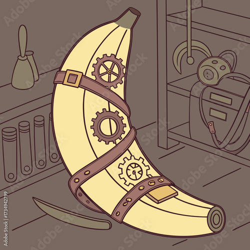 A whimsical steampunk banana adorned with gears and leather straps sits in a laboratory with test tubes and strange contraptions in the background