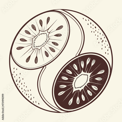 Stylized yin yang symbol formed by two halved kiwifruits showing their inner seeds and pulp in a minimalist outline drawing