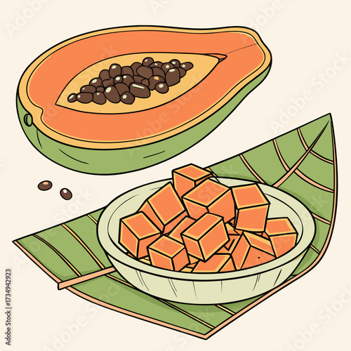 Vibrant illustration of a halved papaya with dark seeds and a bowl of diced papaya cubes served on a decorative green leaf