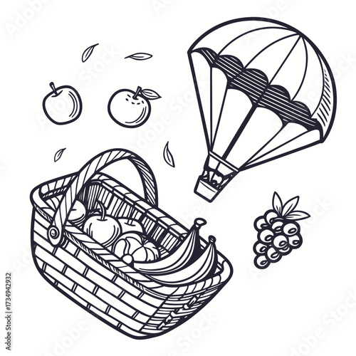 Whimsical line art illustration of a picnic basket overflowing with fresh fruits beside a hot air balloon in the sky with falling leaves