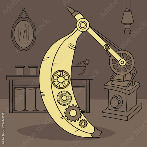 Whimsical steampunk banana character with mechanical arm and gears in a vintage workshop setting creative food art