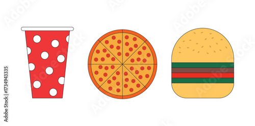 Icon fast food soda , pizza and burger isolated set collection