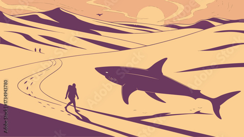 Surreal desert landscape with shark, hiking, dunes, and sunset vector illustration for travel concept