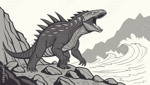 Illustration of angry dinosaur roaring on rocky coast with waves crashing in black and white drawing style