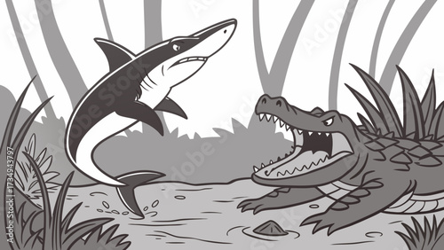 Shark versus alligator cartoon illustration marine life predator animal wildlife nature drawing adventure story