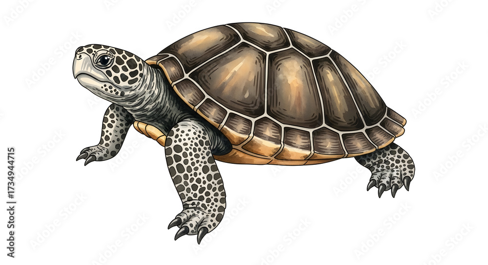 Fototapeta premium Turtle in Motion: A detailed and vibrant illustration captures a turtle in mid-stride, showcasing the intricate patterns of its shell and the textures of its skin in a dynamic pose. 
