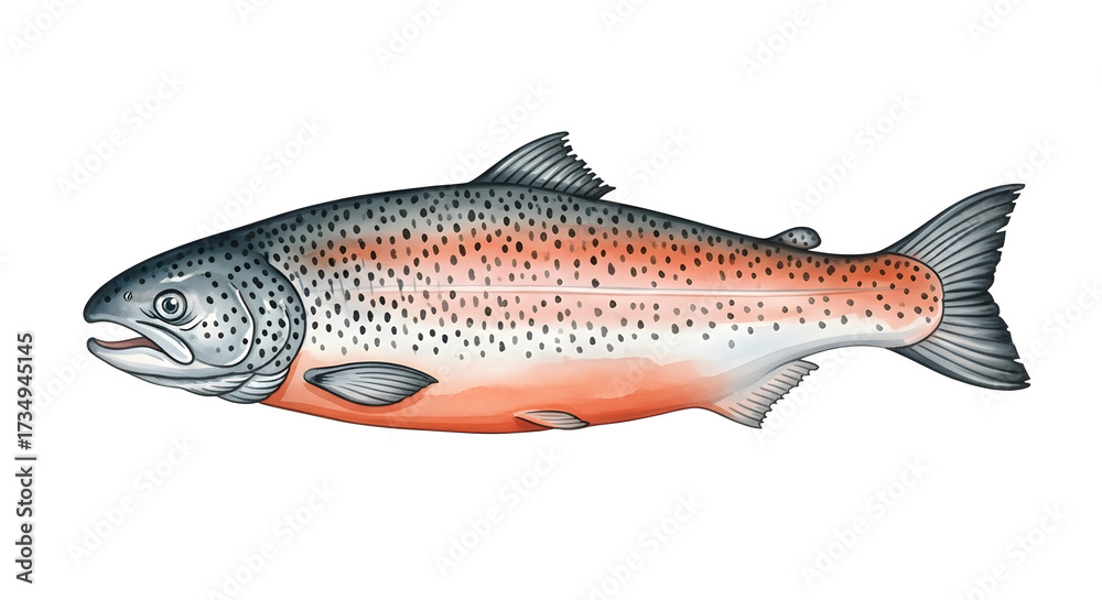 Naklejka premium Rainbow Trout, Underwater Portrait: A stunning rainbow trout, with its iridescent scales and distinctive coloration, captured in a detailed illustration against a backdrop of calm, cool, clear water.