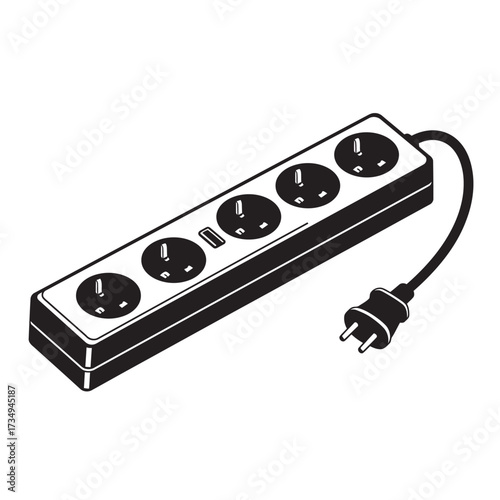 black and white silhouette of a power strip vector on a white background