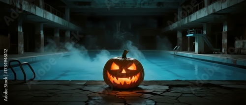 Jack-o'-lantern in an abandoned pool, a concept on Halloween, eerie mystery, and decay.