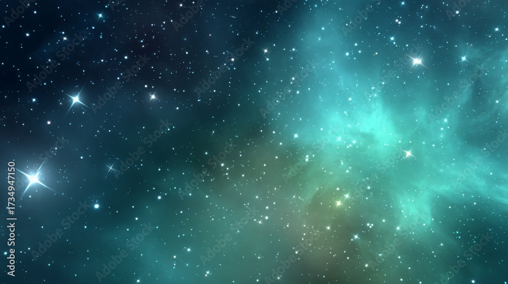 Fototapeta premium A mesmerizing cosmic scene with vibrant teal and green hues, speckled with countless stars, creating a dreamy, ethereal atmosphere.