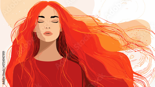 Vibrant red hair flows around a serene woman with closed eyes, embodying peace, tranquility, and mindful beauty.