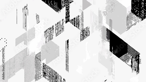 Abstract digital glitch background with geometric shapes in black and white, modern data disruption concept for technology design